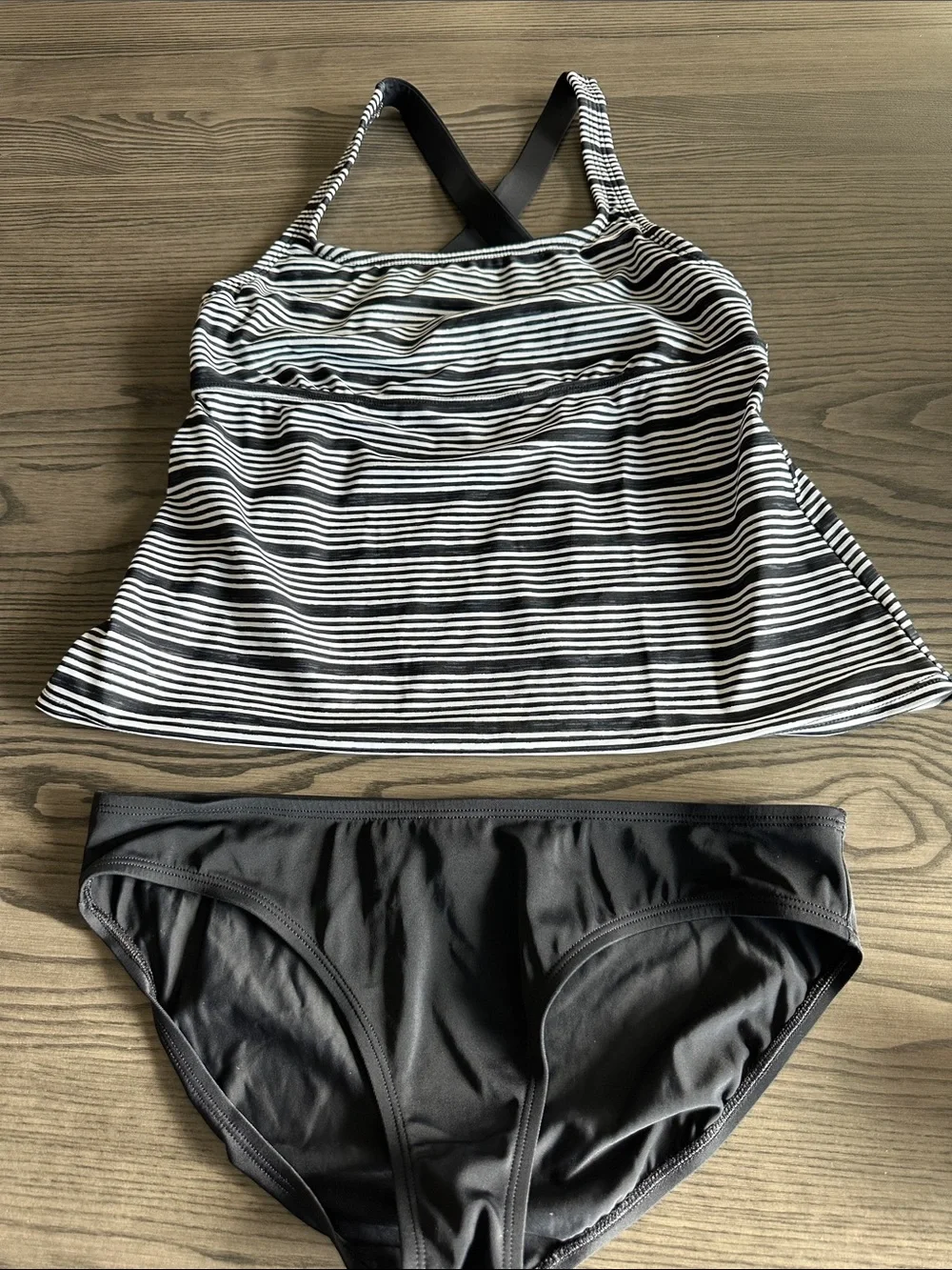 Nike Black & White Striped Tankini Top with Solid Black Bottom